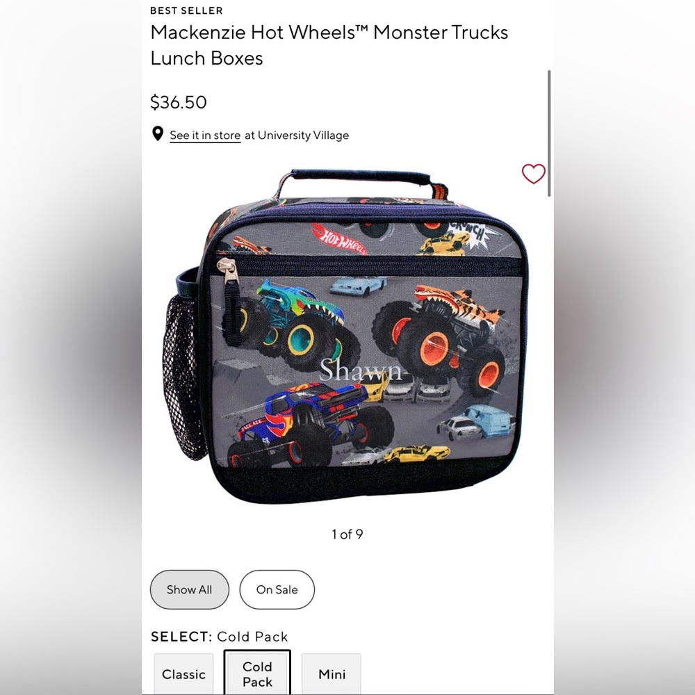 Pottery Barn kids hot wheels monster trucks insulated lunch box